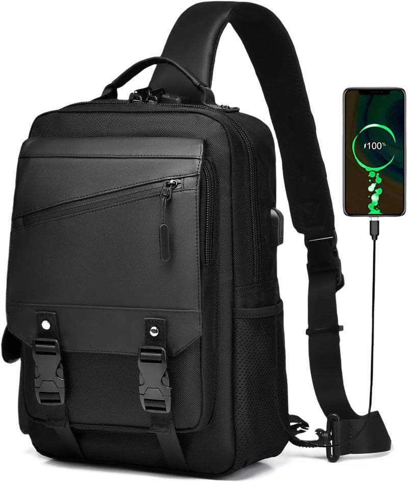 Leaper Crossbody Messenger Bag for Men: 13L Multi-pocket Satchel Sling Shoulder Bags for Travel Daily Work - Women Single Strap Backpack for Cycling, Hiking - Laptop Sling Bag for Men 14 inch, Black - Image 1